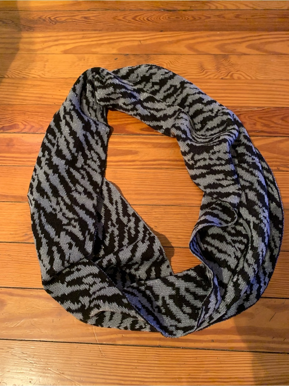C.C. Zebra-Print Knit Infinity Scarf in Black and Gray